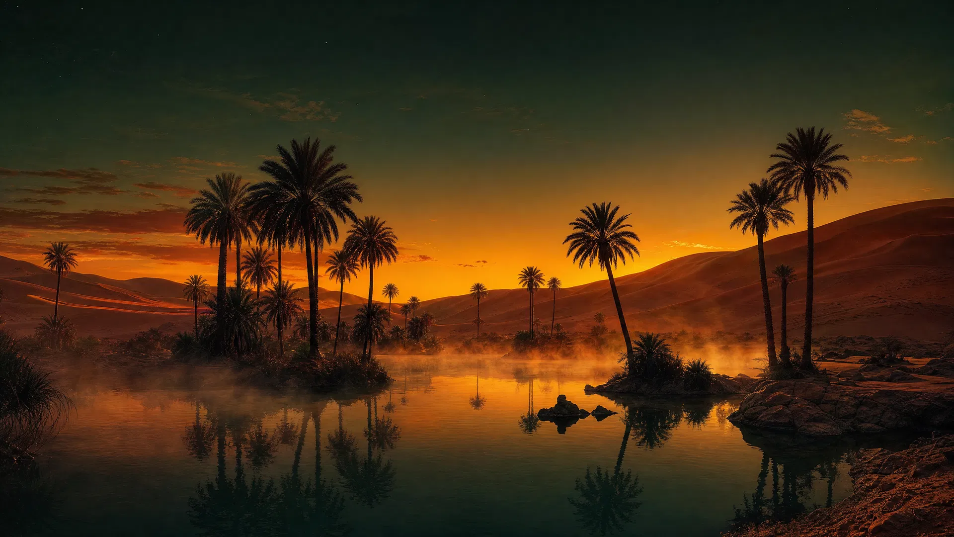 Oasis con palmeras reflejadas en el agua al anochecer