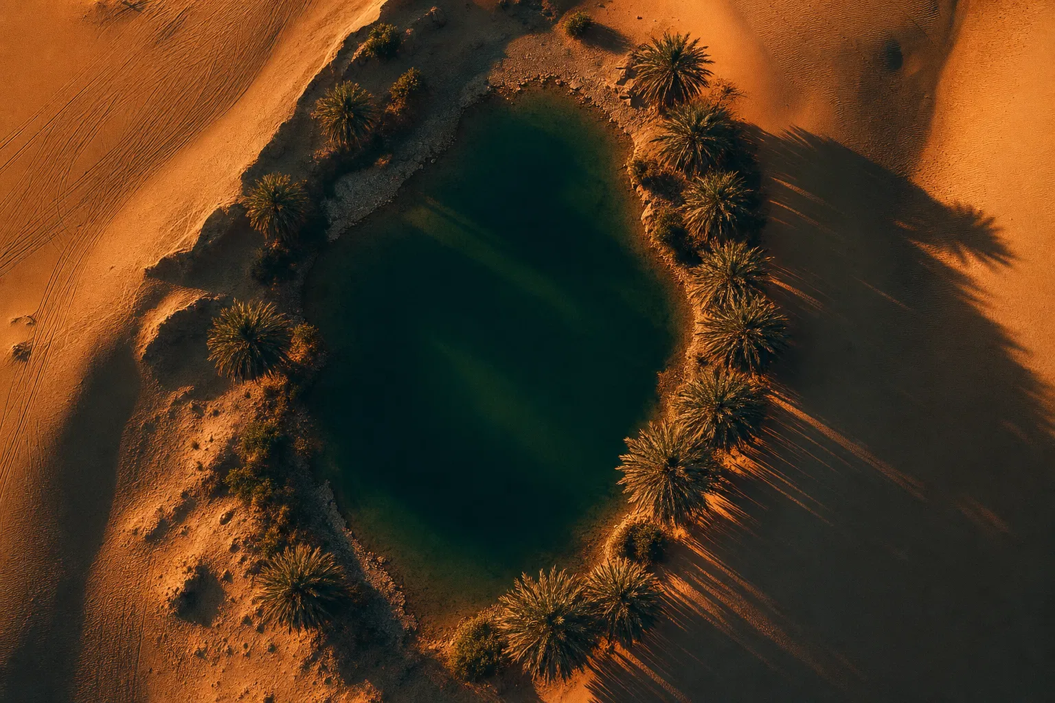 Vista aérea de un oasis de agua verde rodeado por el desierto